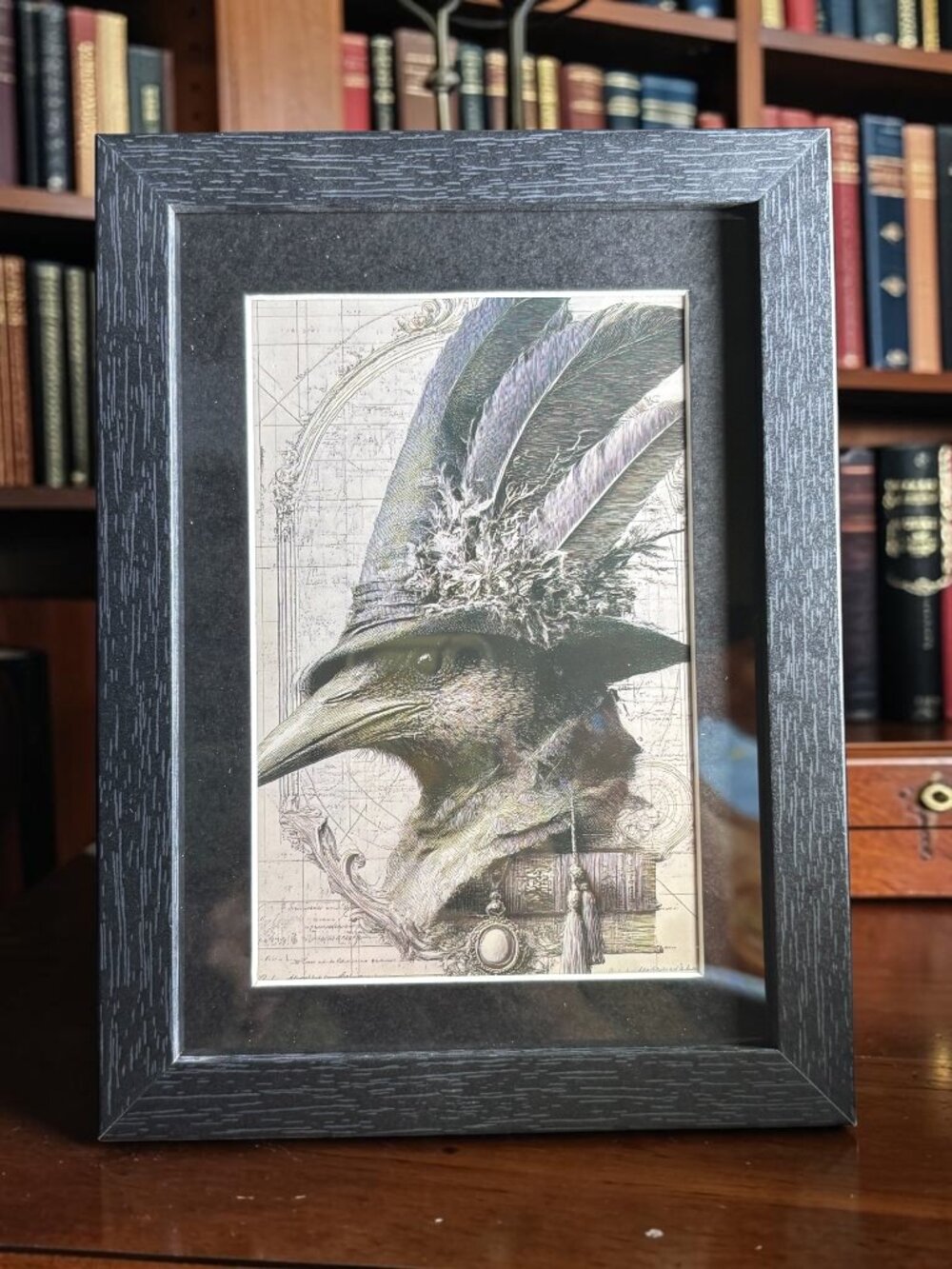 Raven in Feathered Hat Framed Art | 5x7 Gothic Décor